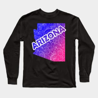 Colorful mandala art map of Arizona with text in blue and violet Long Sleeve T-Shirt